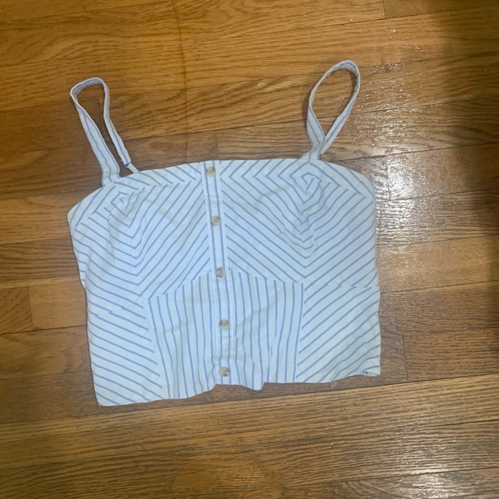 Light blue and white striped button up crop top